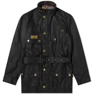Barbour International Jacket Black Waxed Canvas with Corduroy Collar Size